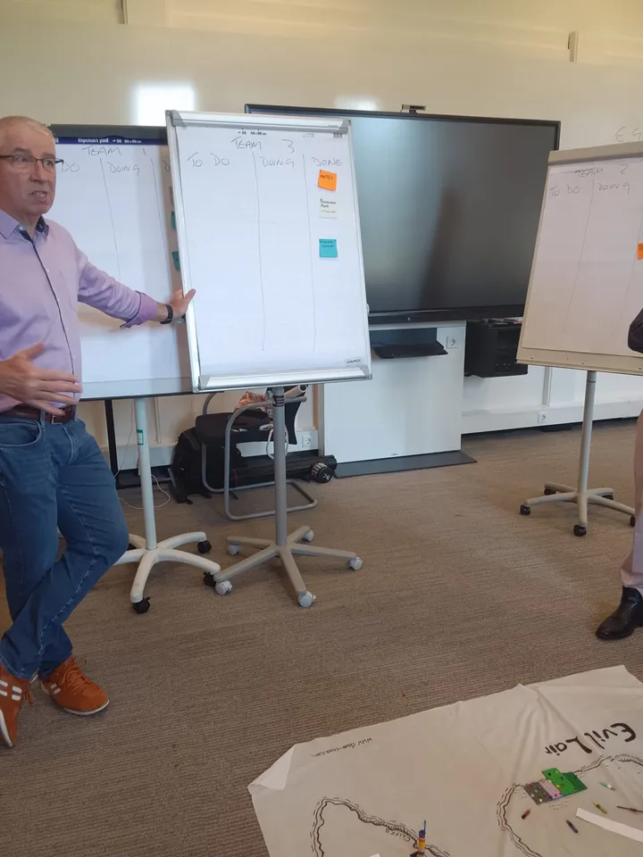 A facilitator at the whiteboards during the Agile Fundamentals workshop